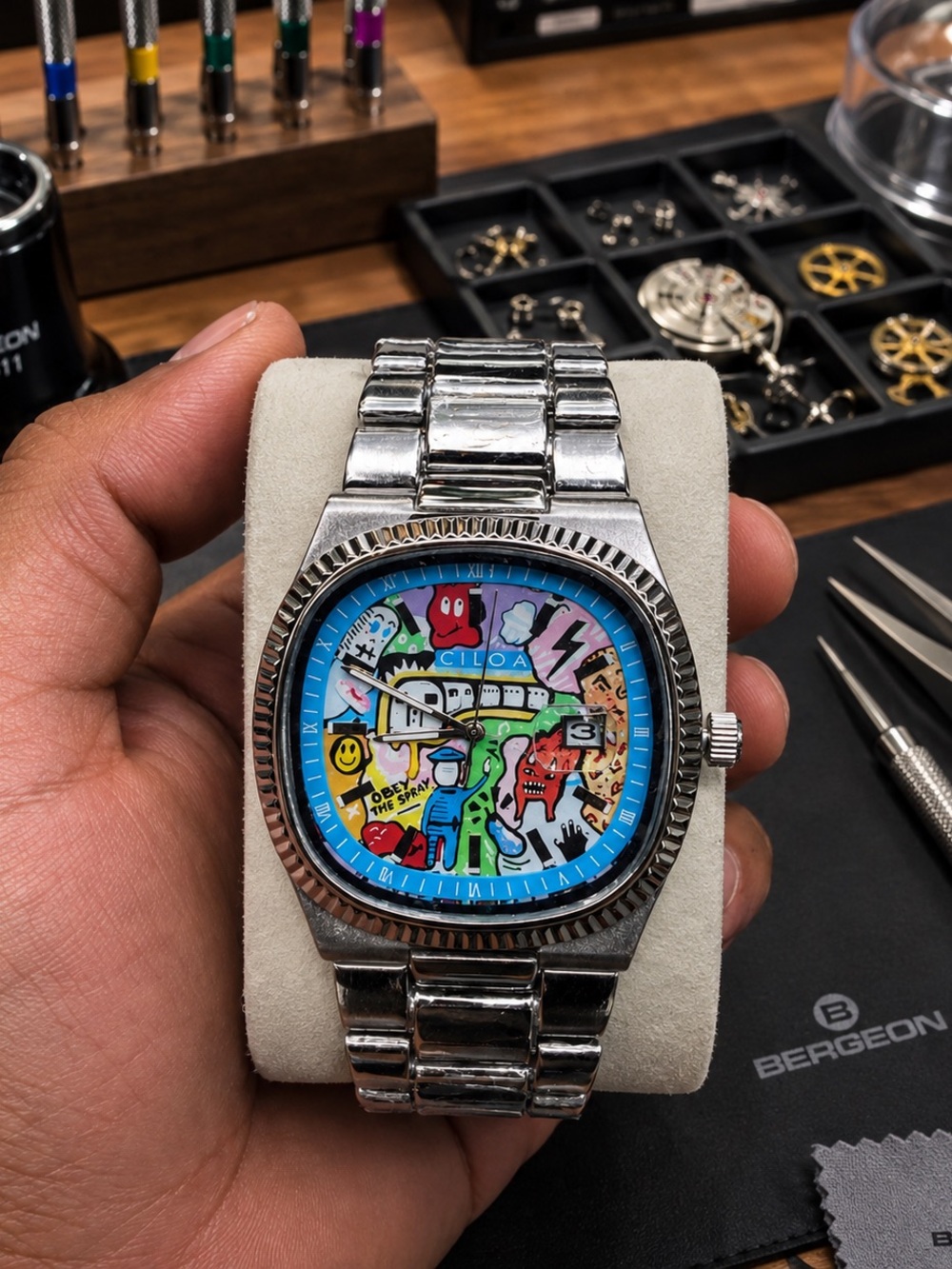 Silver Bracelet Watch with Blue Multicolor Dial